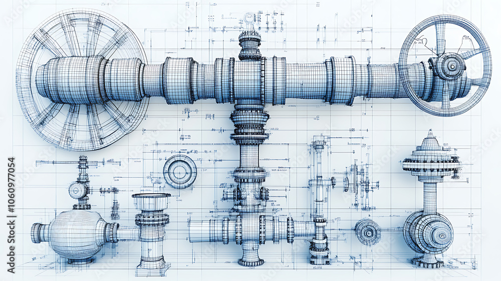 Poster various industrial equipment, including valves, 3d rendered in vector format, wire, frame design, th