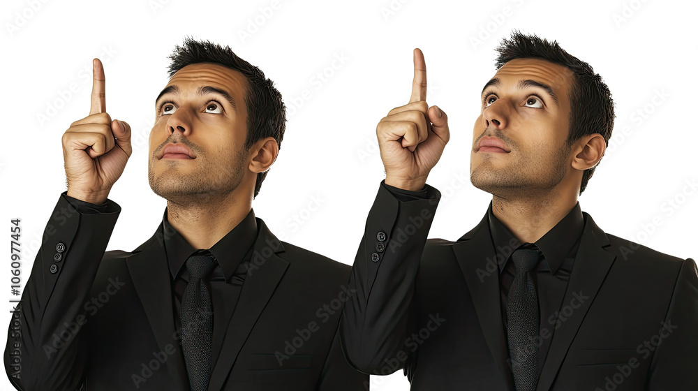 Poster two men in suits pointing upward to attract attention generative ai