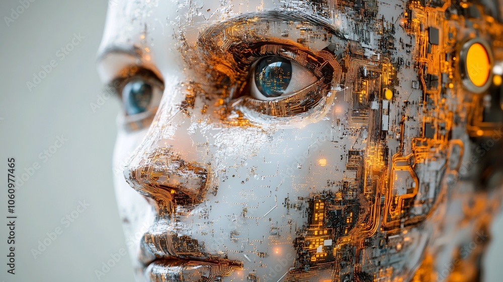 Poster a close-up of a robotic face, showcasing intricate details, with glowing circuitry embedded in its f