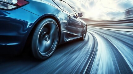 sleek blue business car speeding through a sharp turn on a high-speed highway, capturing the essence of speed and precision in modern automotive design against a dynamic backdrop