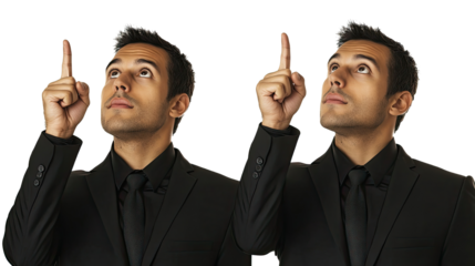 Two Men in Suits Pointing Upward to Attract Attention Generative AI