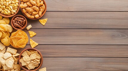 Assorted salty snacks including chips, crackers, and nuts on a light wooden surface, party snacks arrangement, flat lay, copy space, rustic and casual, snack time, savory treats.