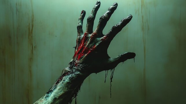 Raised zombie hand covered in blood.