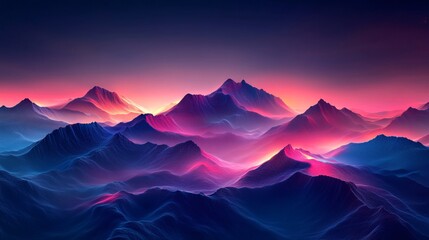 A vibrant, surreal landscape of majestic mountains illuminated by a colorful sunset, showcasing deep blues and vivid purples.