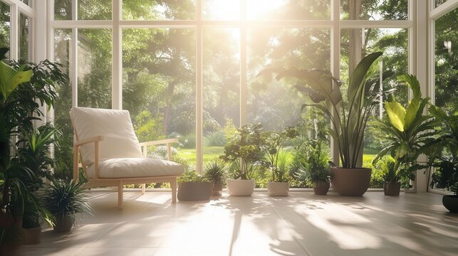 sleek minimalist sunroom design infused with zen garden inspiration, filled with natural light, calming decor, and tranquil elements, promoting relaxation and serenity
