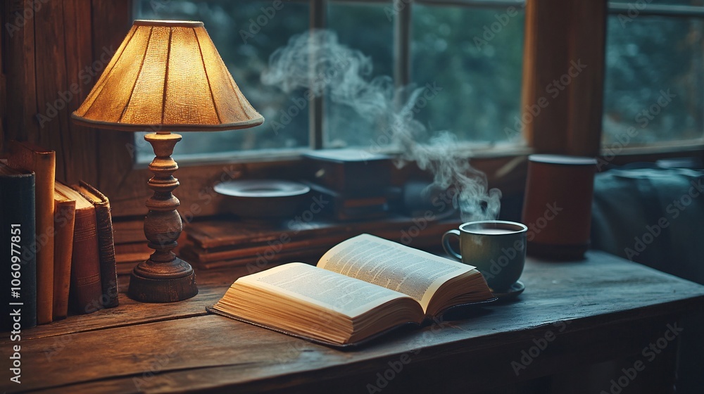 Poster a cozy scene featuring an open book, steaming cup, and a warm lamp, set by a window with natural lig