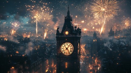 A stunning nighttime view of a clock tower surrounded by vibrant fireworks, illuminating the sky with festive colors.