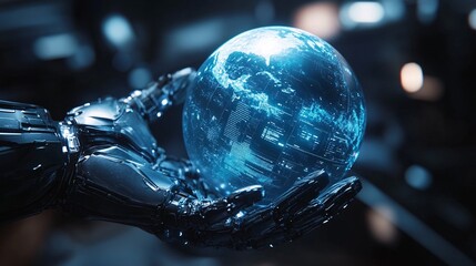 A futuristic robotic hand holds a glowing, holographic sphere, symbolizing technology, innovation, and a digital world.
