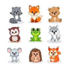 Set of cartoon cute forest animals including fox, owl, wolf, bear, mouse, hedgehog, raccoon, frog and squirrel. Forest animals for magazines, postcards.