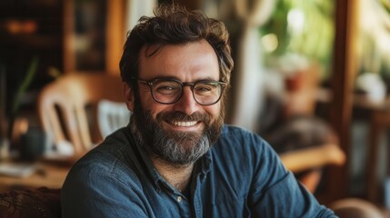 Obraz premium smiling bearded man with glasses casually relaxing in a cozy setting, embodying a laid-back lifestyle and friendly demeanor, warmed by soft, natural lighting