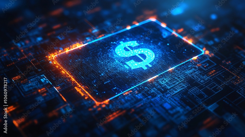 Poster a colorful digital representation of a dollar sign hovering over a tech-inspired background, symboli