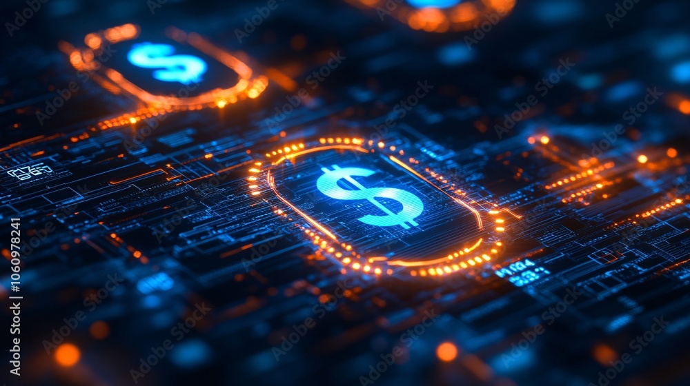 Poster a vibrant digital representation of dollar signs interconnected with circuits, symbolizing finance a