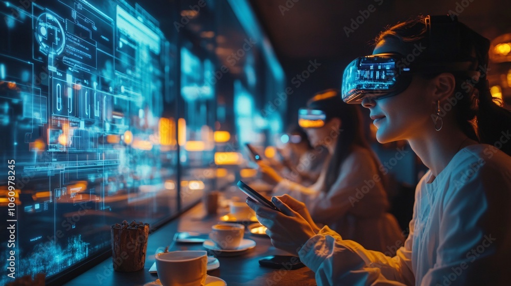 Poster a group of individuals engaged in virtual reality experiences, using headsets and interacting with d