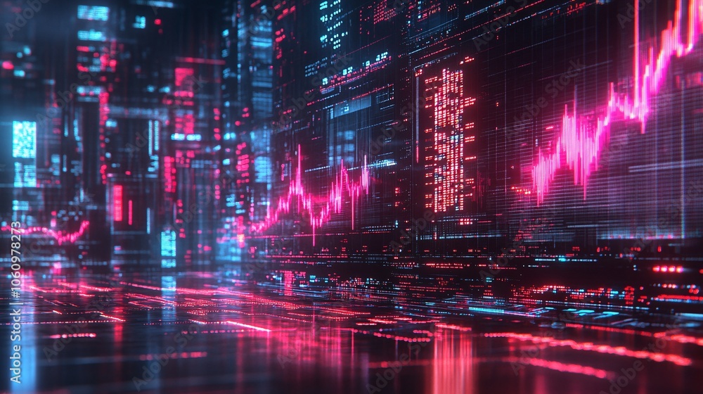 Poster a futuristic cityscape with neon lights and digital graphs, representing data analytics and technolo