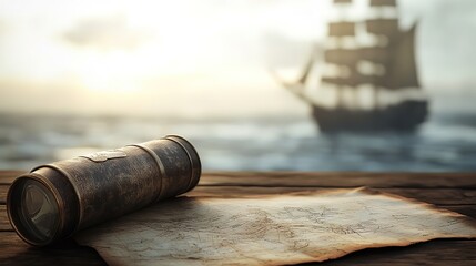 A weathered pirate map and antique spyglass on a rustic wooden table, with the blurred silhouette of a pirate ship sailing in the background, creating a mysterious atmosphere