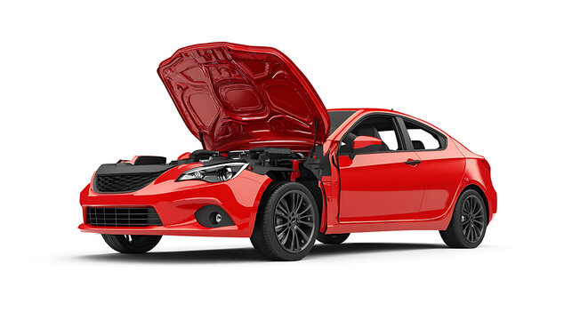 a red new car, with the front bonnet open, isolated on white background