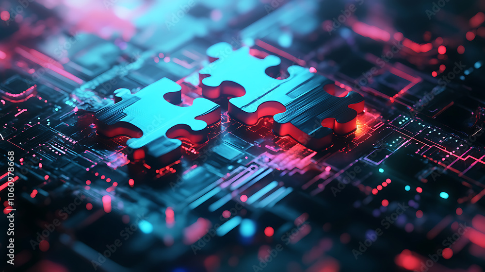 Poster api integration concept digital illustration of two interlocking puzzle pieces against a futuristic tech background symbolizing the seamless connectivity and interoperability of api integration
