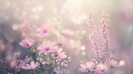 Naklejka premium soft pink light creating a dreamy abstract background, with delicate flower bokeh effects that evoke a sense of calm and vintage charm in a pastel palette
