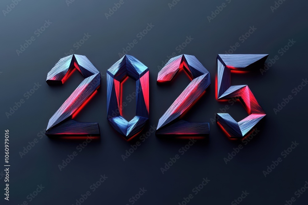 Aufkleber creative 3d representation of the year 2025 featuring vivid colors and angular shapes against a dark