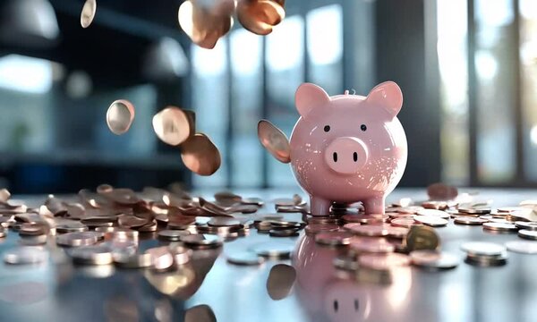 A piggy bank surrounded by scattered coins, symbolizing savings and financial management.