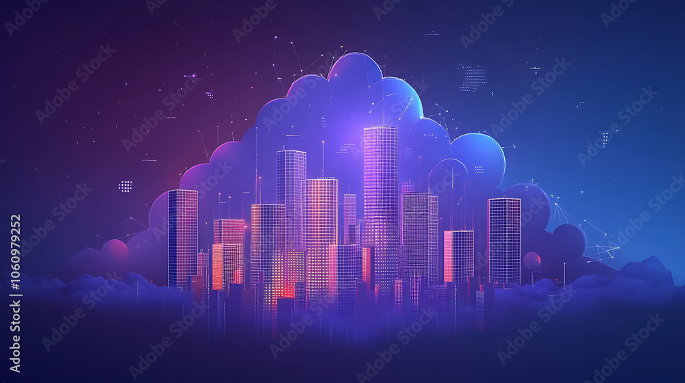 Aufkleber cloud technology banner with low poly cityscape and binary code on dark blue background big data vis