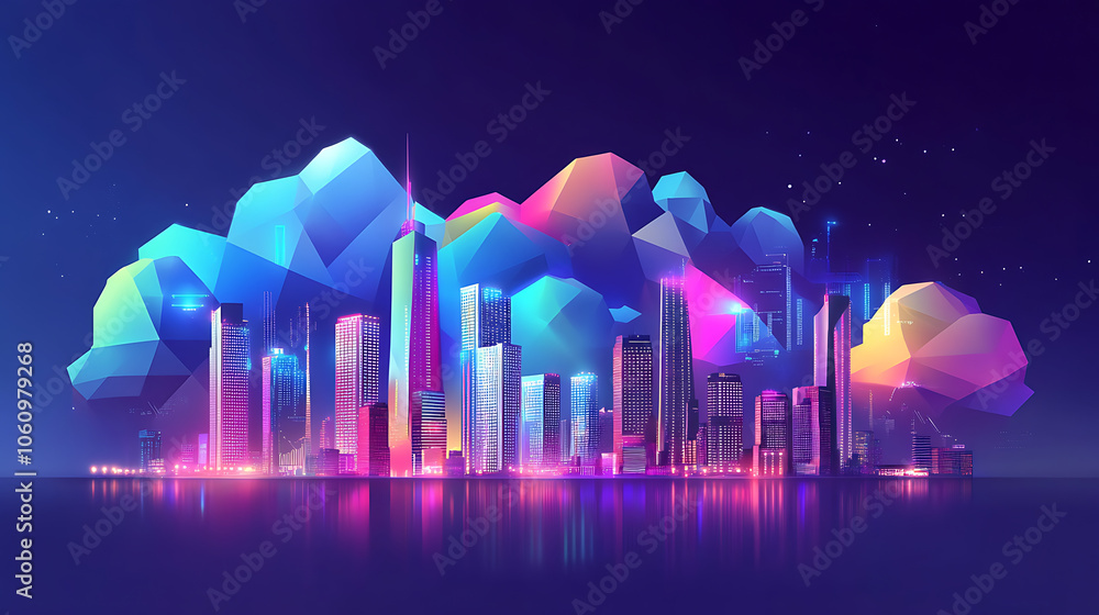 Aufkleber cloud technology banner with low poly cityscape and binary code on dark blue background big data visualization concept with polygonal clouds