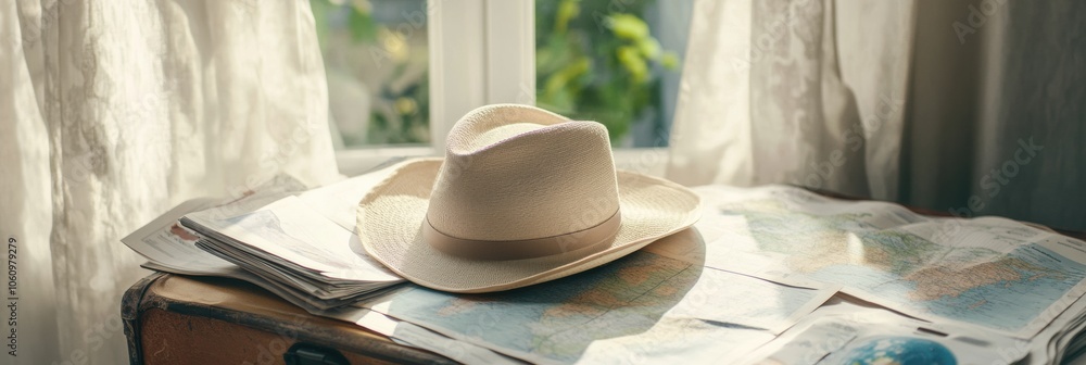 Leinwandbilder a travel hat rests on an open suitcase, surrounded by maps and travel guides, preparing for an excit