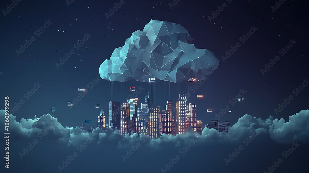 Aufkleber cloud technology banner with low poly cityscape and binary code on dark blue background big data vis