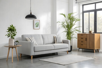 Modern Minimalist Living Room Interior with Sofa and Wooden Furniture
