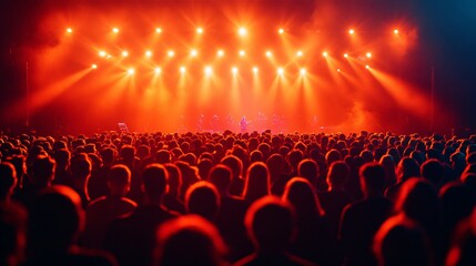 Obraz premium a large crowd gathered at an outdoor concert venue, their faces illuminated by the stage lights against a dark background