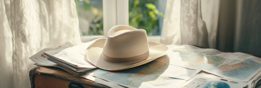 A travel hat rests on an open suitcase, surrounded by maps and travel guides, preparing for an exciting journey to new destinations. Generative AI