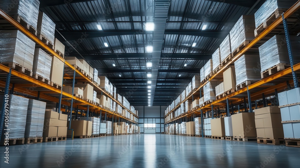 Poster spacious, organized warehouse filled with neatly stacked cardboard boxes and products, bright overhe