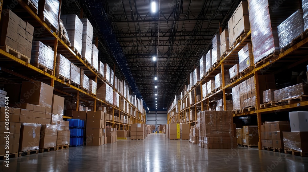 Poster spacious, organized warehouse filled with neatly stacked cardboard boxes and products, bright overhe