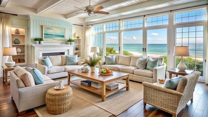 Naklejka premium Coastal living room with beach-inspired decor and light colors