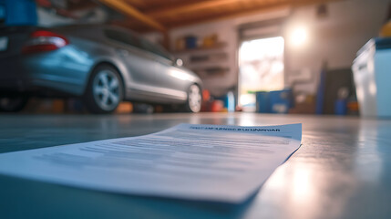 clear car insurance policy document in focus with blurred garage repair scene in background auto maintenance concept