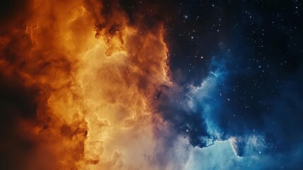 spectacular cosmic cloudscape filled with swirling orange and blue hues, depicting an ethereal atmosphere, stars twinkling amidst the colorful nebulae, inviting exploration of the universe