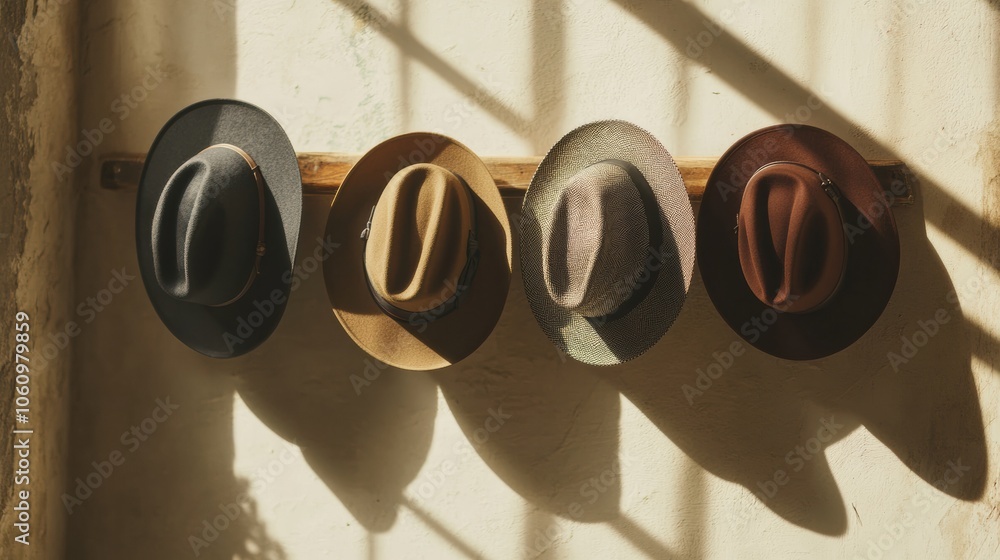 Poster classic fedora hats of various colors are neatly arranged on a wooden rack, illuminated by warm sunl