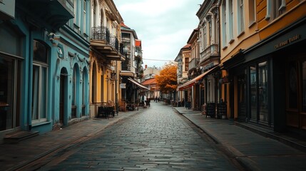 Obraz premium A cobblestone street in a European city with colorful buildings on both sides, some with awnings.