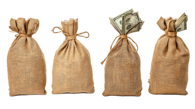 Cash-Filled Money Bags on Transparent Background Generative AI
