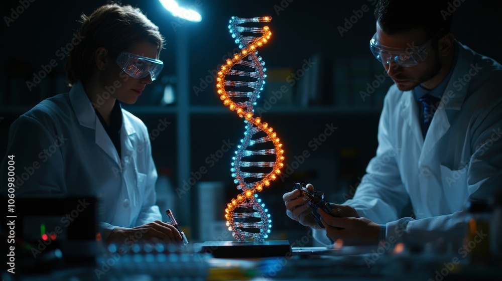 Poster high-tech laboratory with dna helix visualization