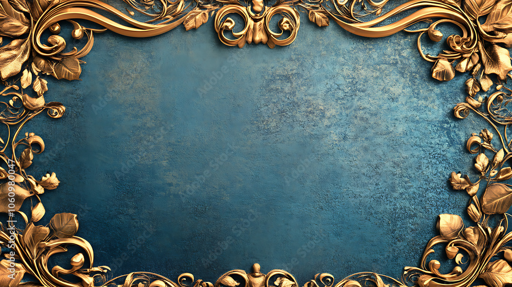 Poster gold frame on a blue background with scroll