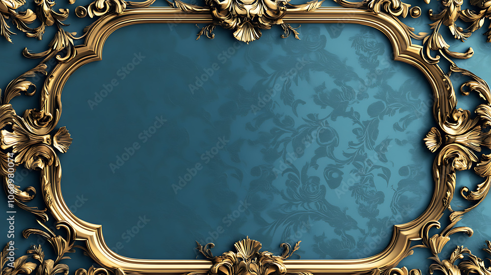 Poster gold frame on a blue background with scroll