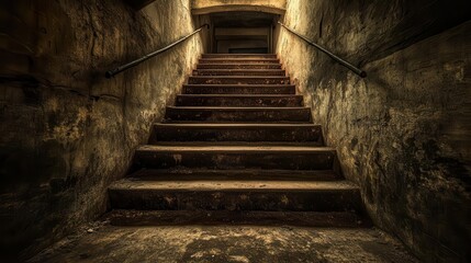 staircase leading into a dimly lit basement room, hinting at mystery and exploration, the empty space evoking curiosity about what lies below