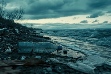 Pollution on the Shoreline at Dusk