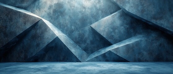Abstract geometric interior with textured blue walls and sharp angles.