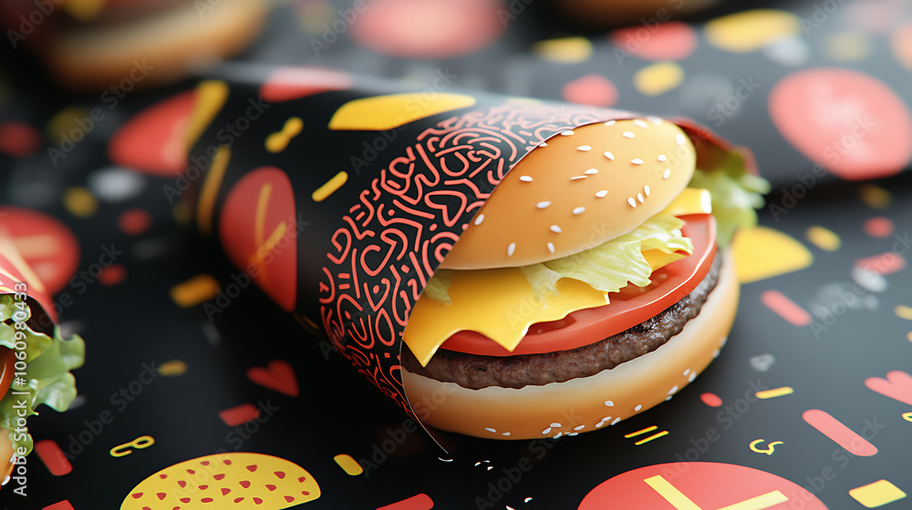 Poster creative burger wrapper design with colorful graphics and patterns fast food packaging concept