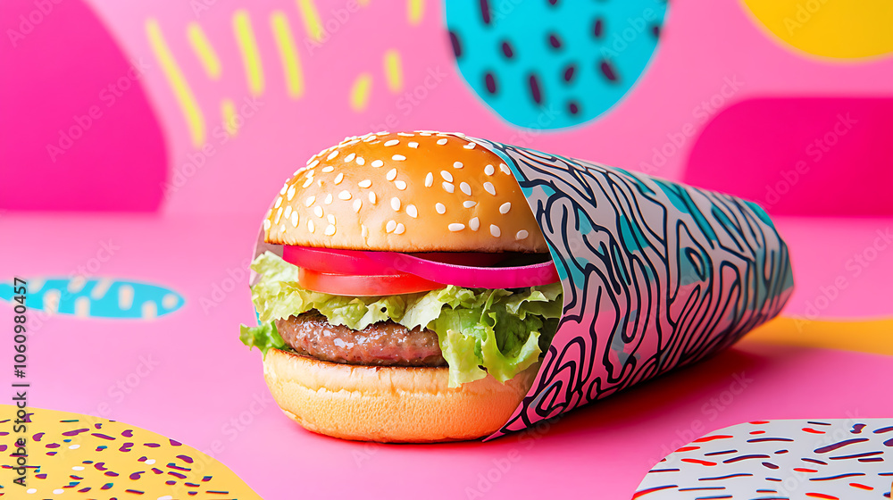 Poster creative burger wrapper design with colorful graphics and patterns fast food packaging concept