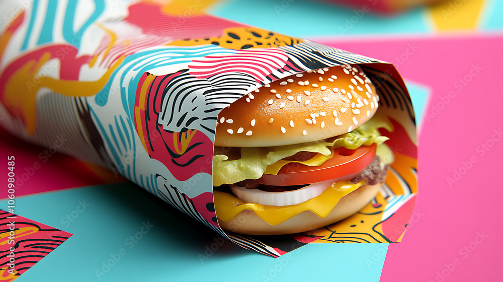 Aufkleber creative burger wrapper design with colorful graphics and patterns fast food packaging concept