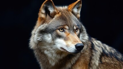 Fototapeta premium striking close-up portrait of an adult wolf against a deep black background, capturing the essence of its wild spirit and fierce beauty