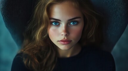 Naklejka premium striking portrait of a woman with captivating blue eyes, seated gracefully in a modern chair, emphasizing her expression and the interplay of light and shadow creating a dramatic ambiance
